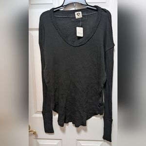 NWT Free People Colby Raw Edge Long Sleeve Tee Shirt Top Size XS Black